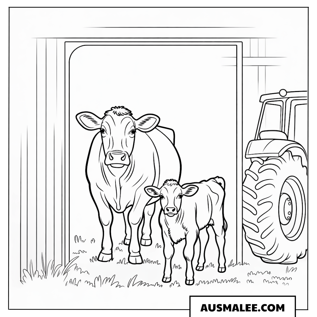 Kuh mit Kalb am Stall Ausmalbild