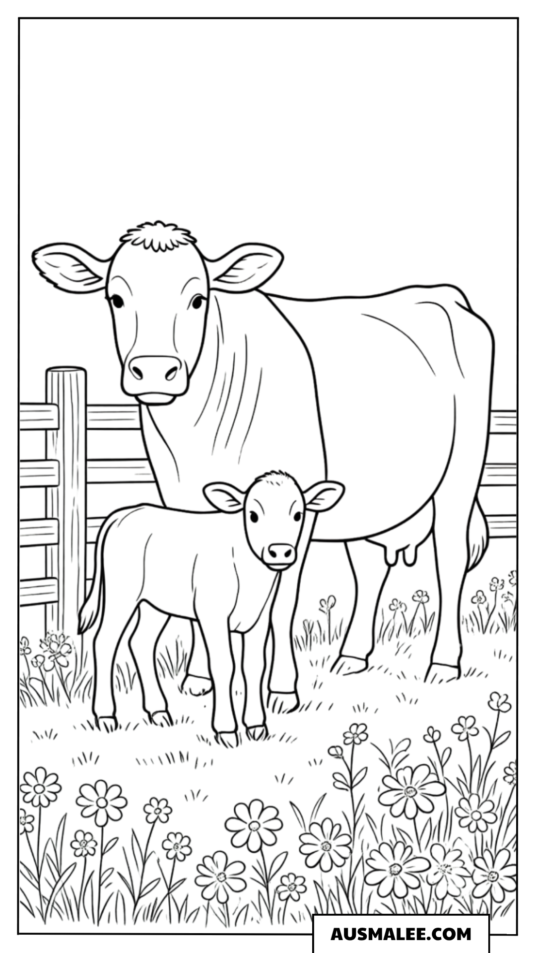 Kuh mit Kalb am Zaun Ausmalbild