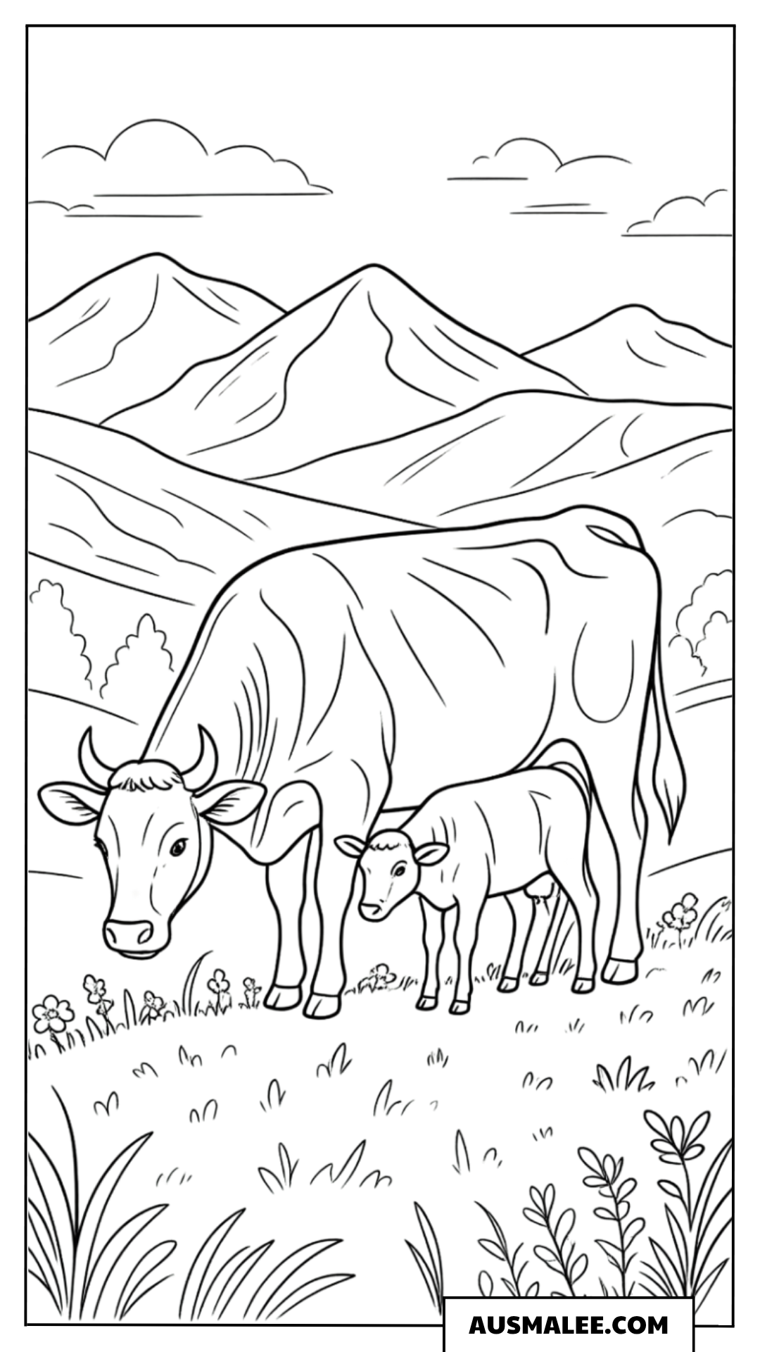 Kuh mit Kalb auf Hügel Ausmalbild