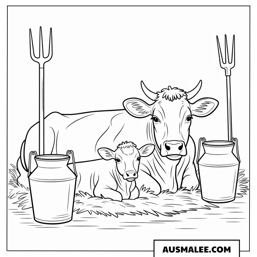 Kuh mit Kalb auf dem Hof Ausmalbild