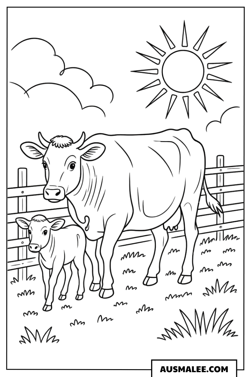 Kuh mit Kalb auf der Weide Ausmalbild