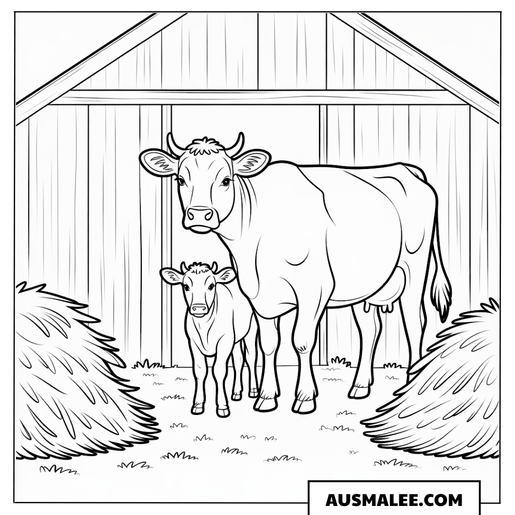 Kuh mit Kalb in der Scheune Ausmalbild