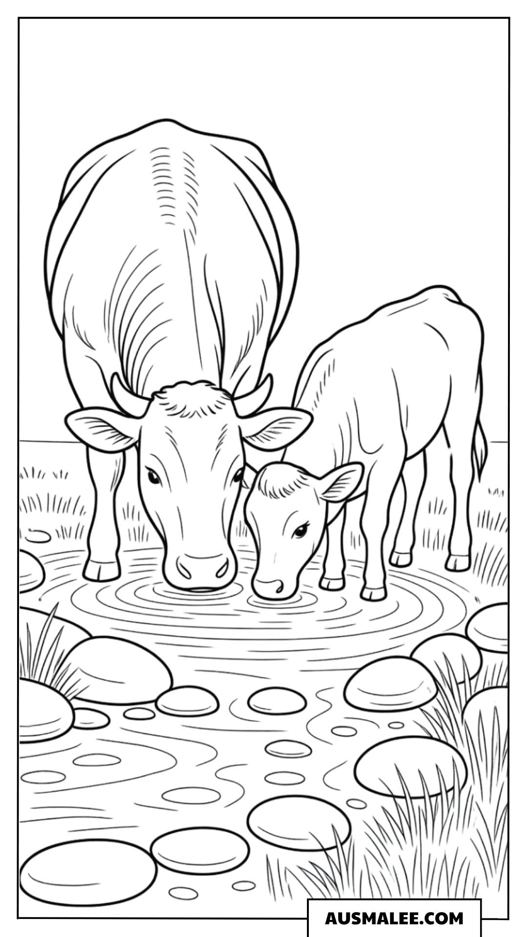 Kuh und Kalb am Bach Ausmalbild