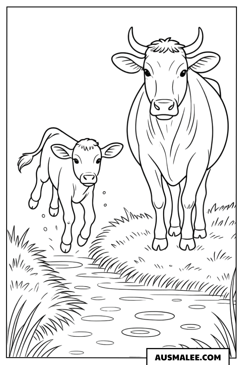 Kuh und Kalb auf dem Weg Ausmalbild