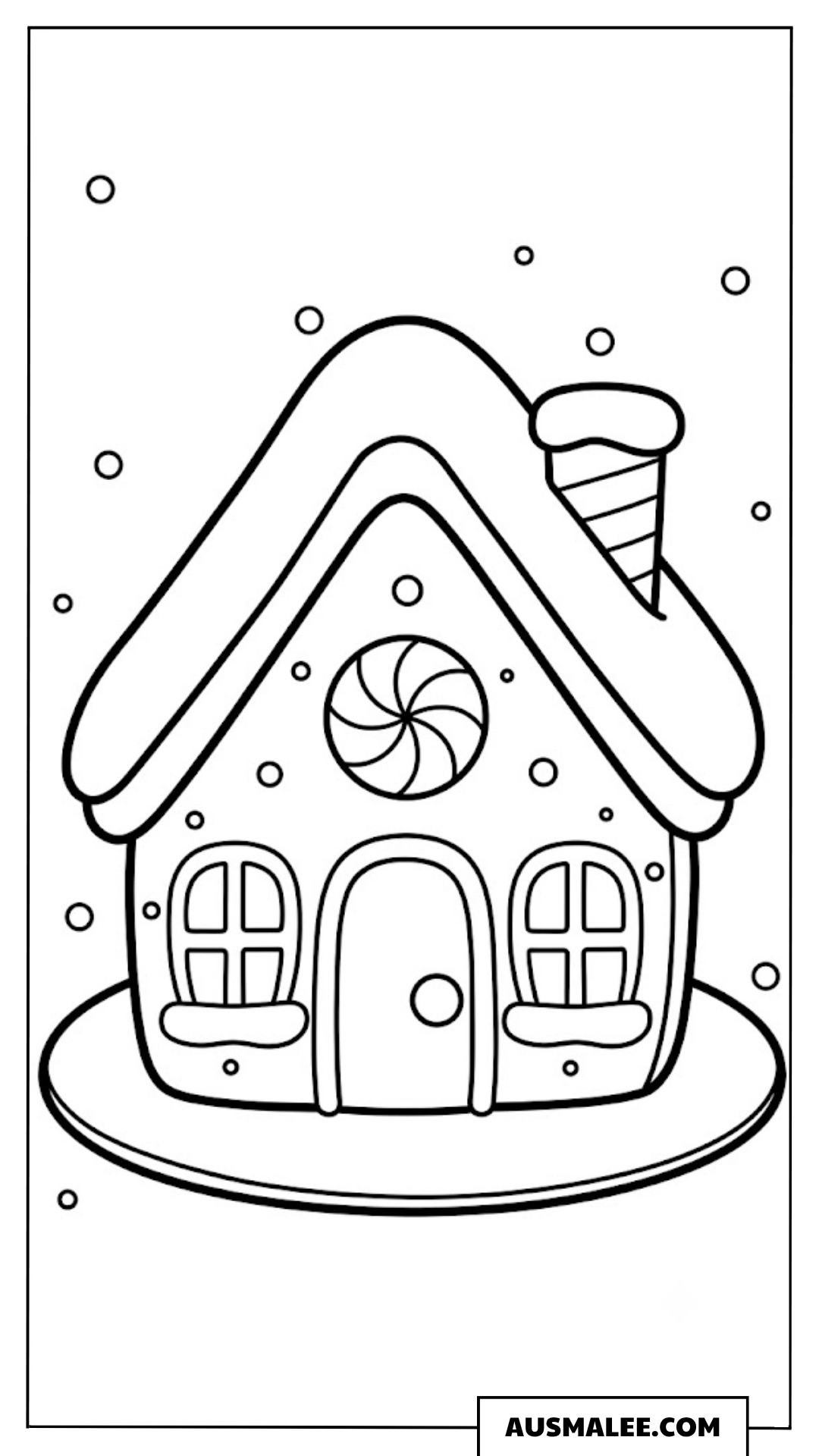 Lebkuchenhaus auf Platte mit Schnee Ausmalbild