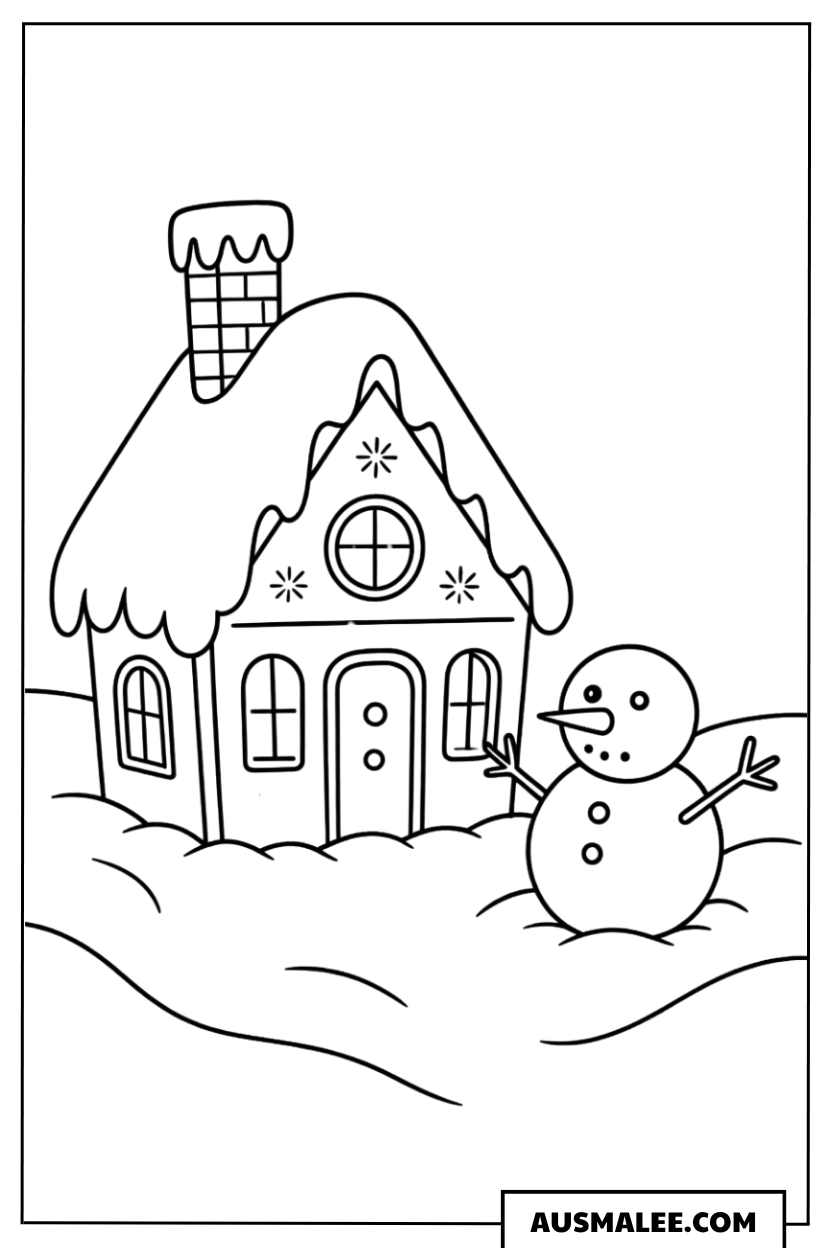 Lebkuchenhaus im Schnee mit Schneemann Ausmalbild