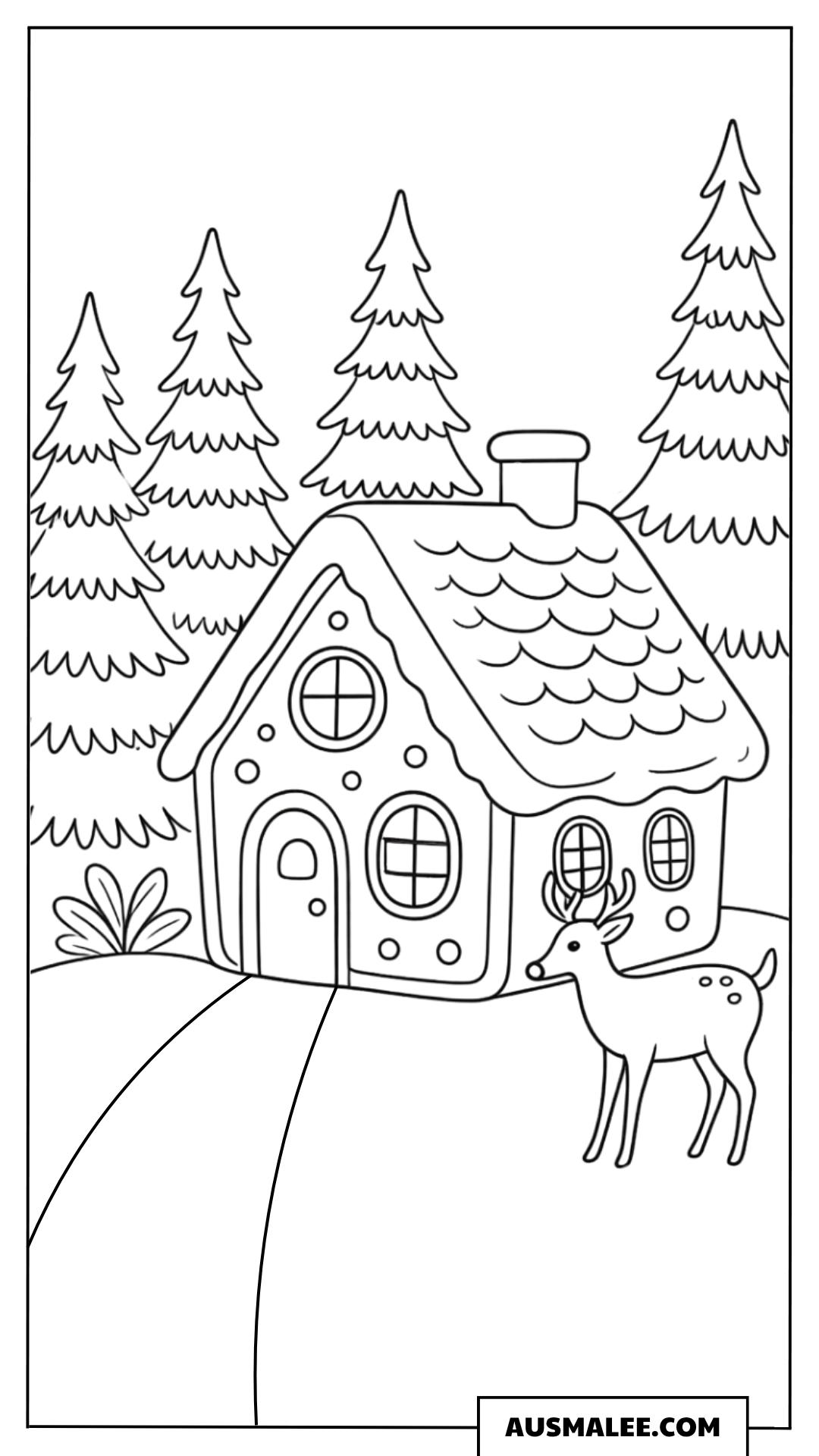 Lebkuchenhaus im Wald mit Rehen Ausmalbild