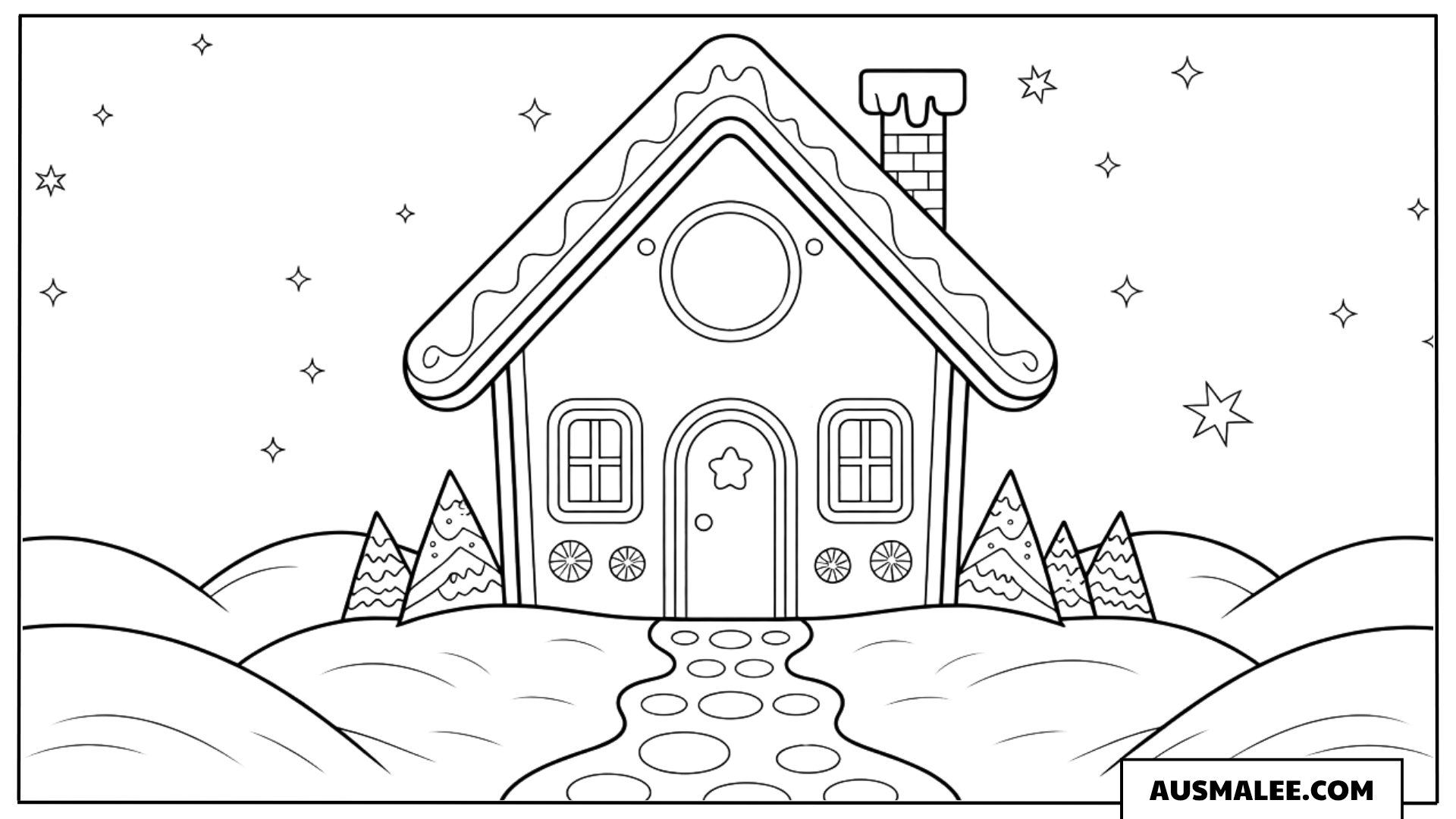 Lebkuchenhaus im verschneiten Garten Ausmalbild