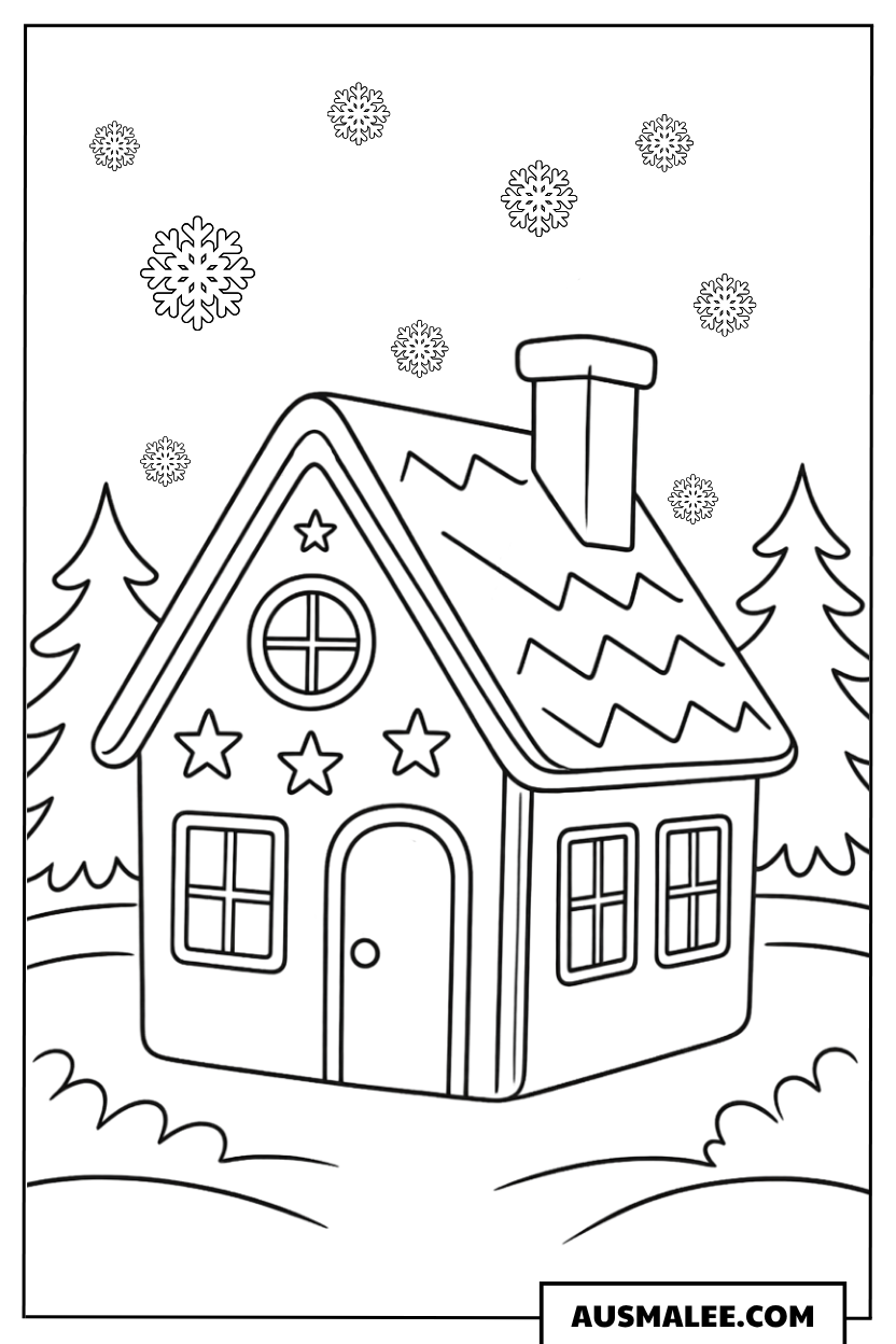 Lebkuchenhaus im verschneiten Wald Ausmalbild