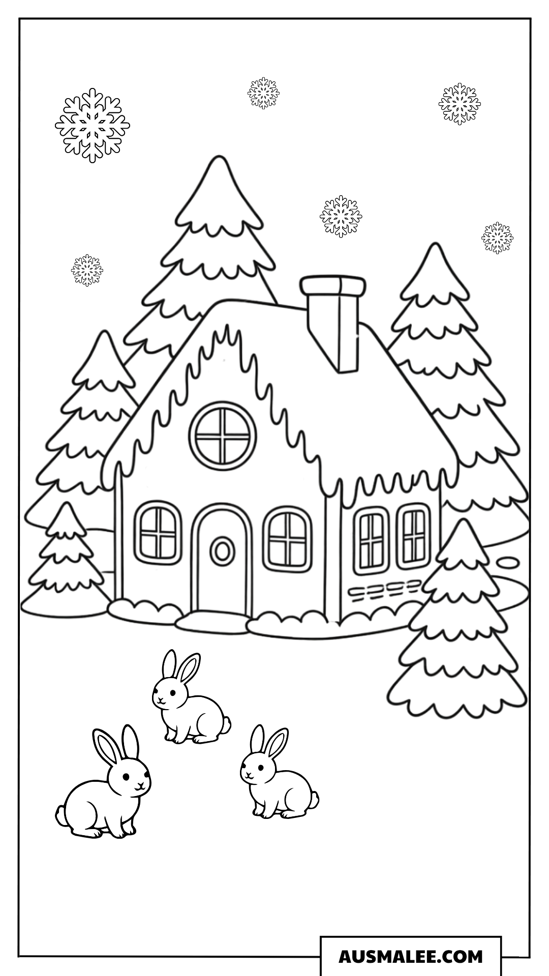 Lebkuchenhaus im verschneiten Wald mit Hasen Ausmalbild