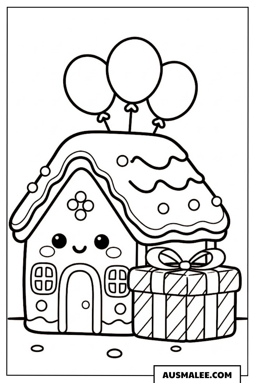 Lebkuchenhaus mit Ballons und Geschenk Ausmalbild