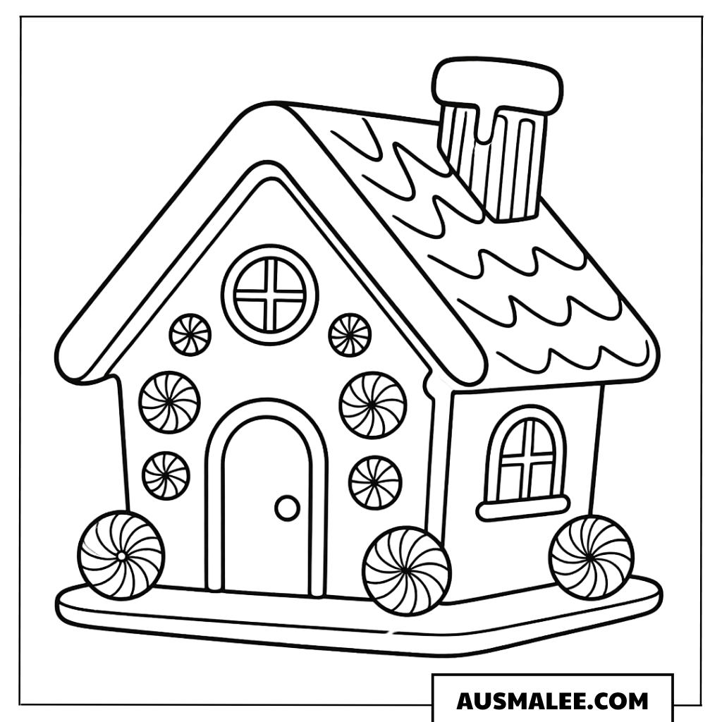 Lebkuchenhaus mit Bonbon-Rädern Ausmalbild