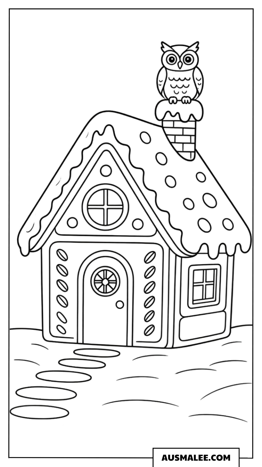Lebkuchenhaus mit Eule Ausmalbild