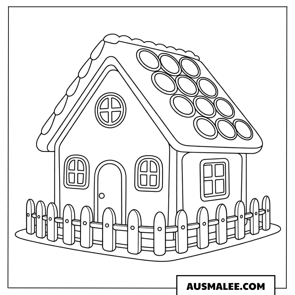 Lebkuchenhaus mit Gartenzaun Ausmalbild