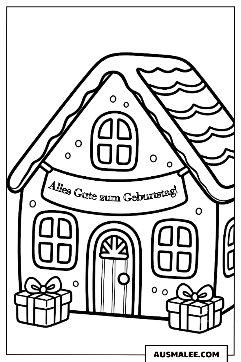 Lebkuchenhaus mit Geburtstagsbanner Ausmalbild