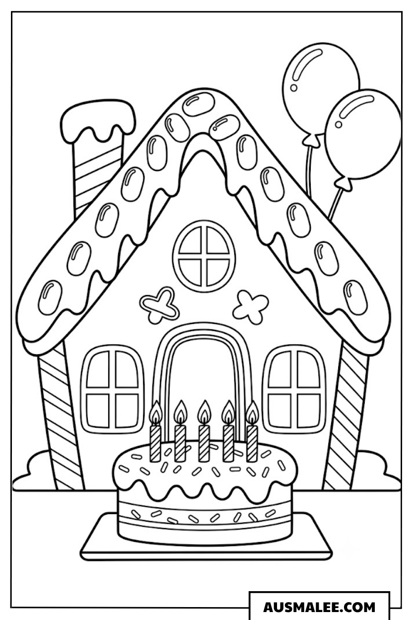 Lebkuchenhaus mit Geburtstagskuchen Ausmalbild