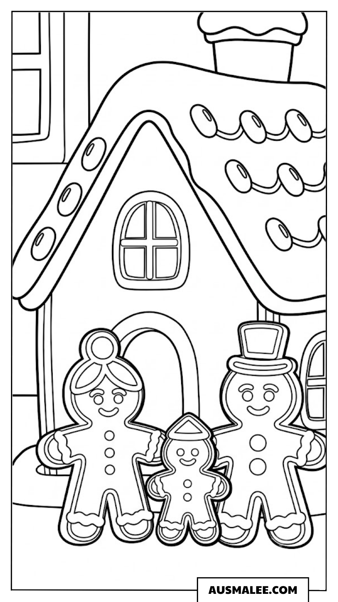 Lebkuchenhaus mit Lebkuchenfamilie Ausmalbild