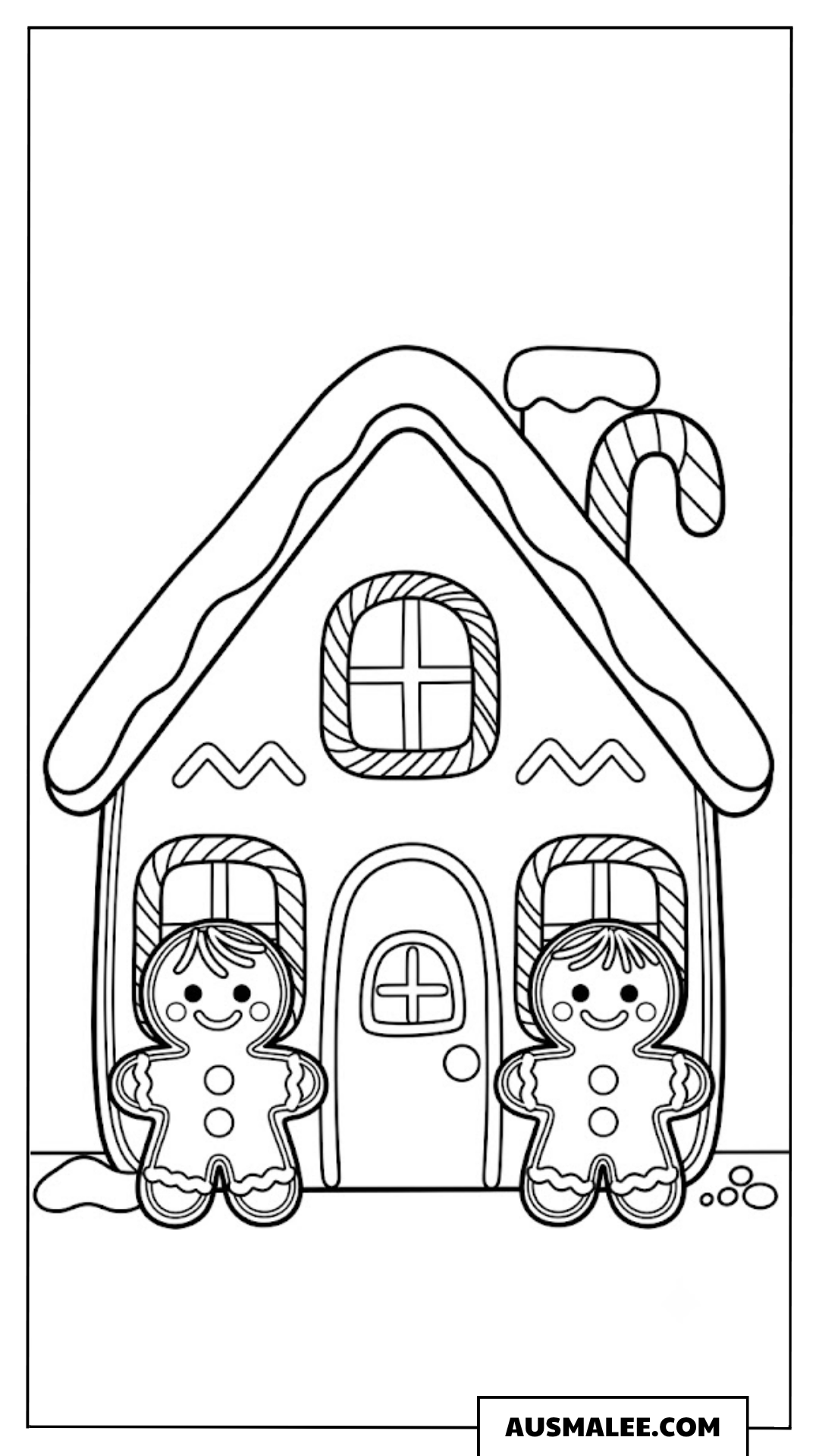 Lebkuchenhaus mit Lebkuchenmännchen Ausmalbild