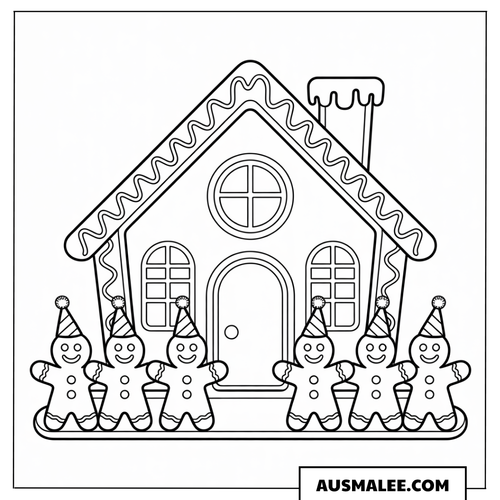 Lebkuchenhaus mit Lebkuchenmännchen Ausmalbild