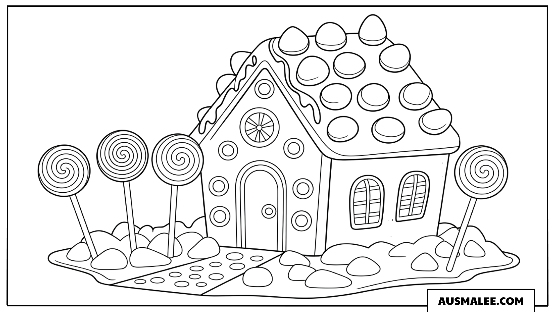Lebkuchenhaus mit Lollis Ausmalbild