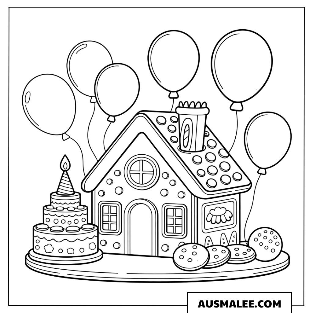 Lebkuchenhaus mit Luftballons Ausmalbild