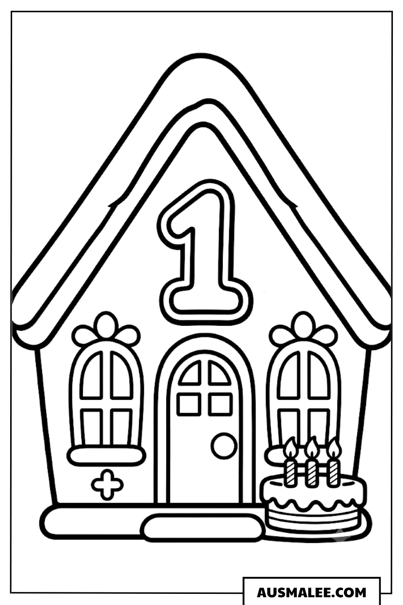 Lebkuchenhaus mit Nummer 1 Ausmalbild
