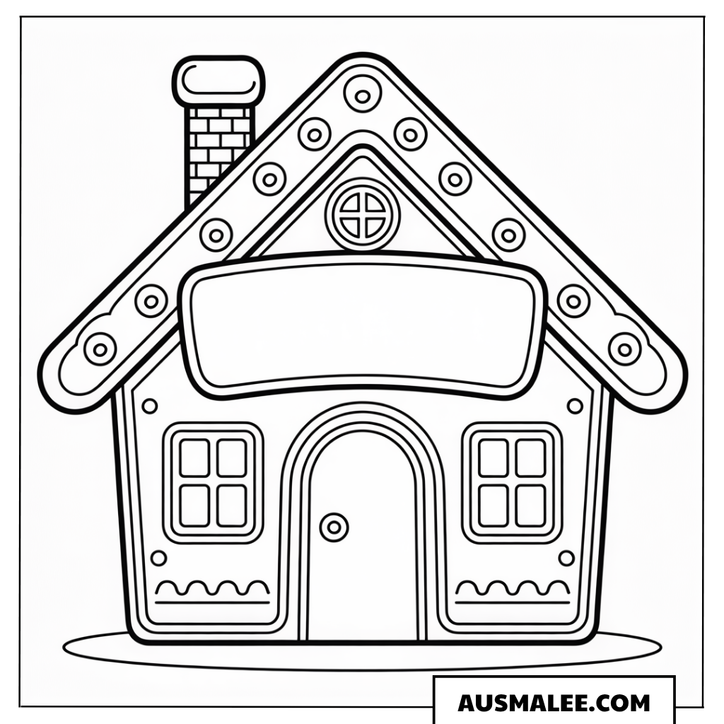 Lebkuchenhaus mit Schild Ausmalbild