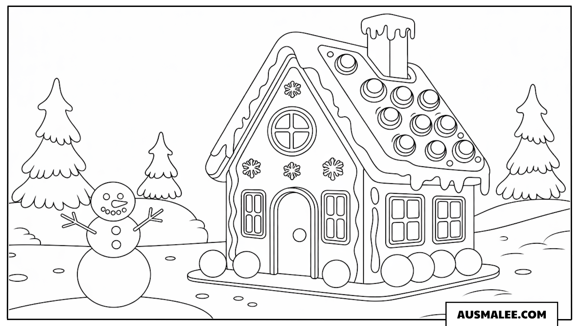 Lebkuchenhaus mit Schneemann Ausmalbild