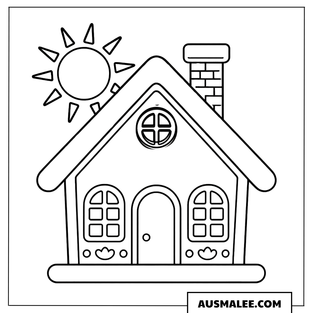 Lebkuchenhaus mit Sonne Ausmalbild