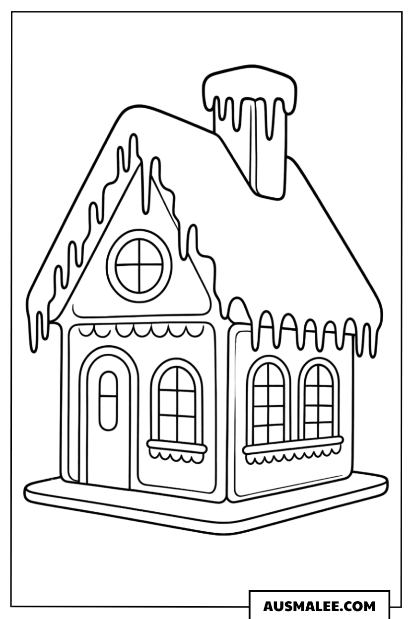 Lebkuchenhaus mit Zuckerguss und Eiszapfen Ausmalbild