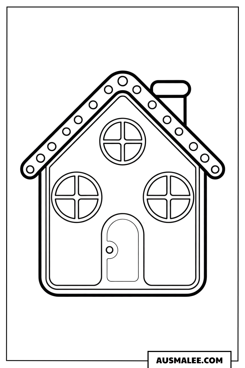 Lebkuchenhaus mit runden Fenstern Ausmalbild