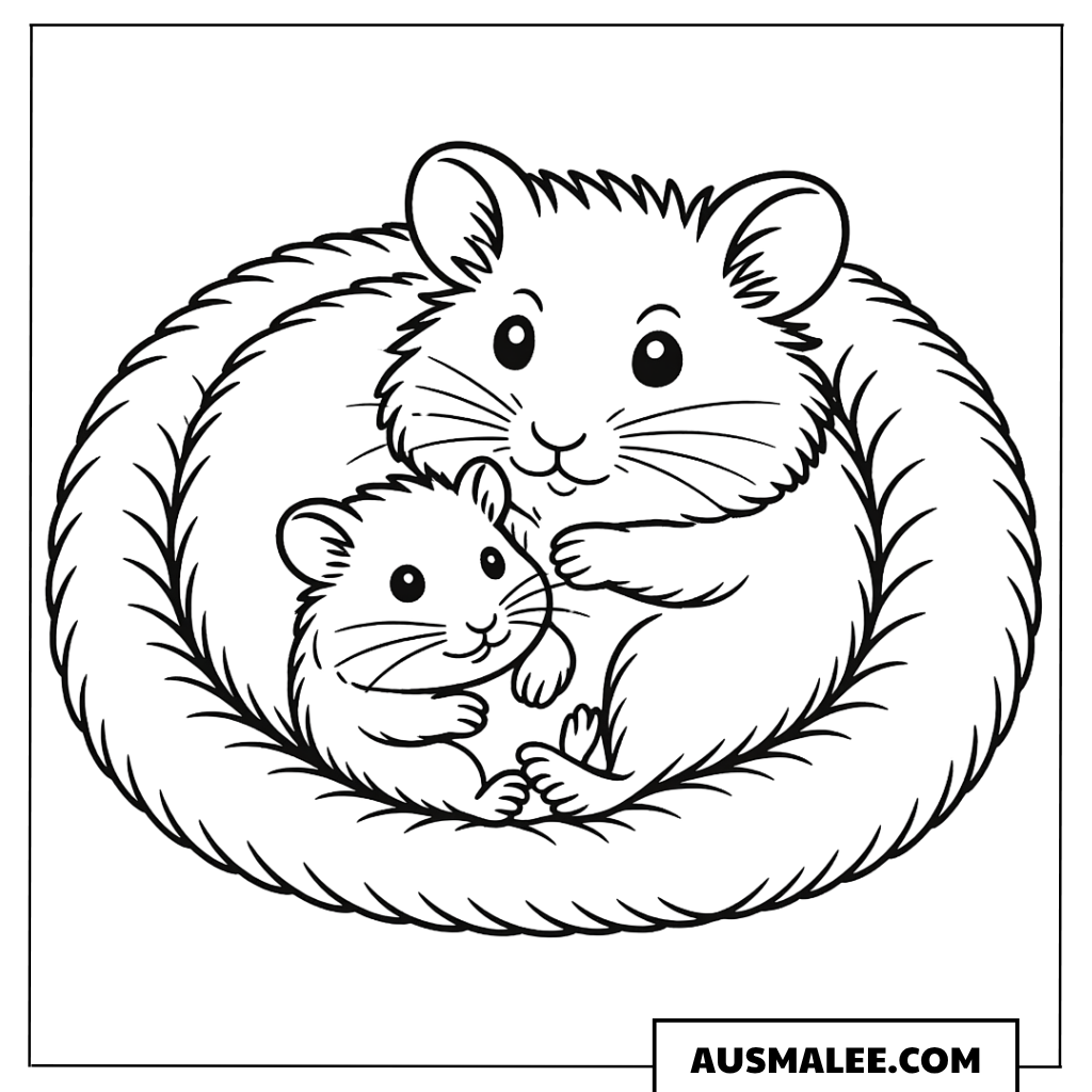 Mama-Hamster mit Baby im Nest Ausmalbild