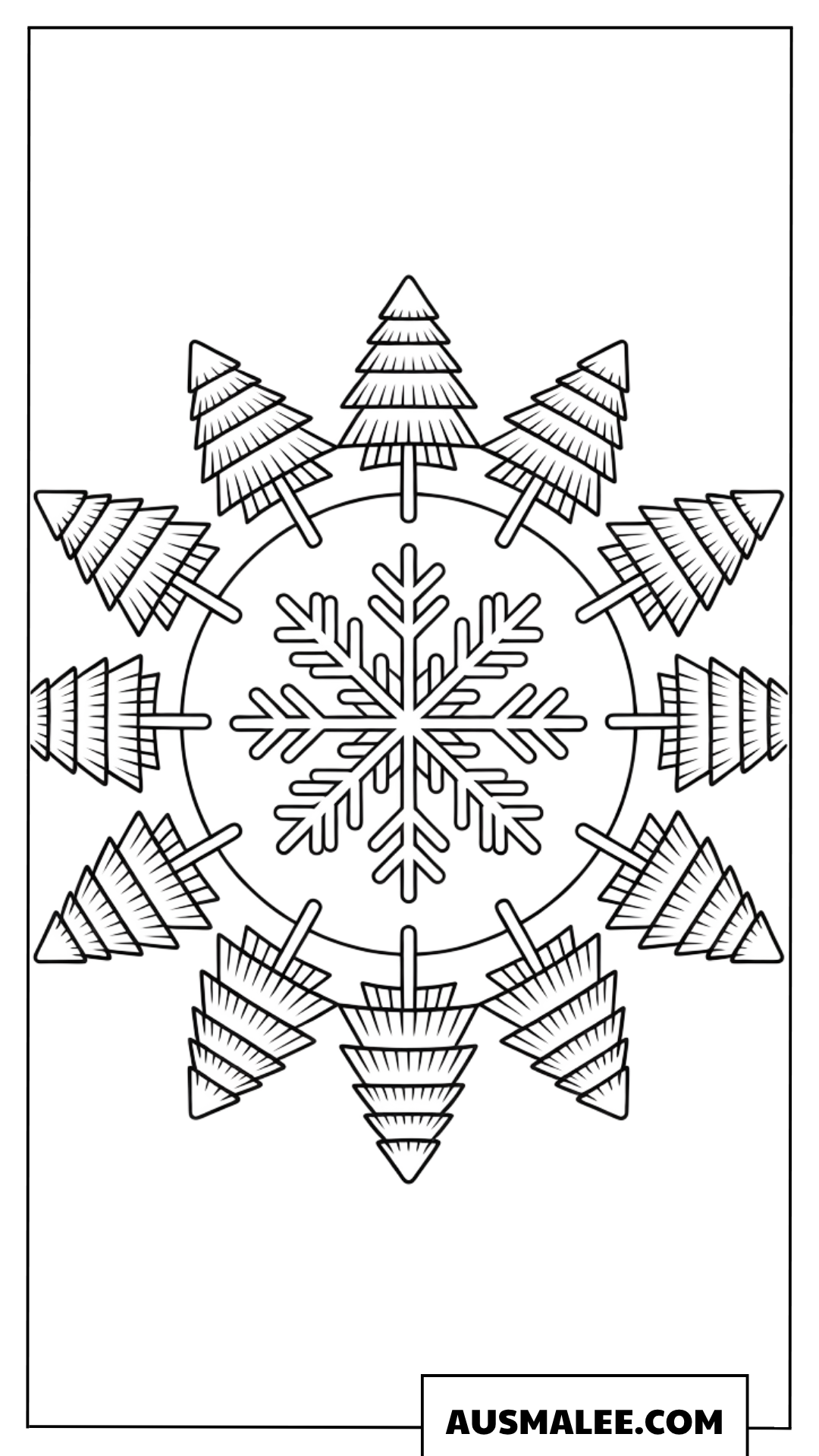 Mandala-Schneeflocke mit Tannenbäumen Ausmalbild