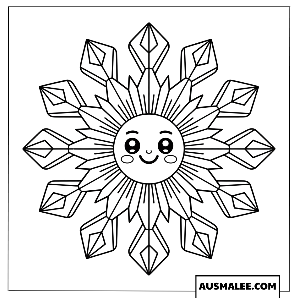 Mandala-Schneeflocke mit lächelndem Gesicht Ausmalbild