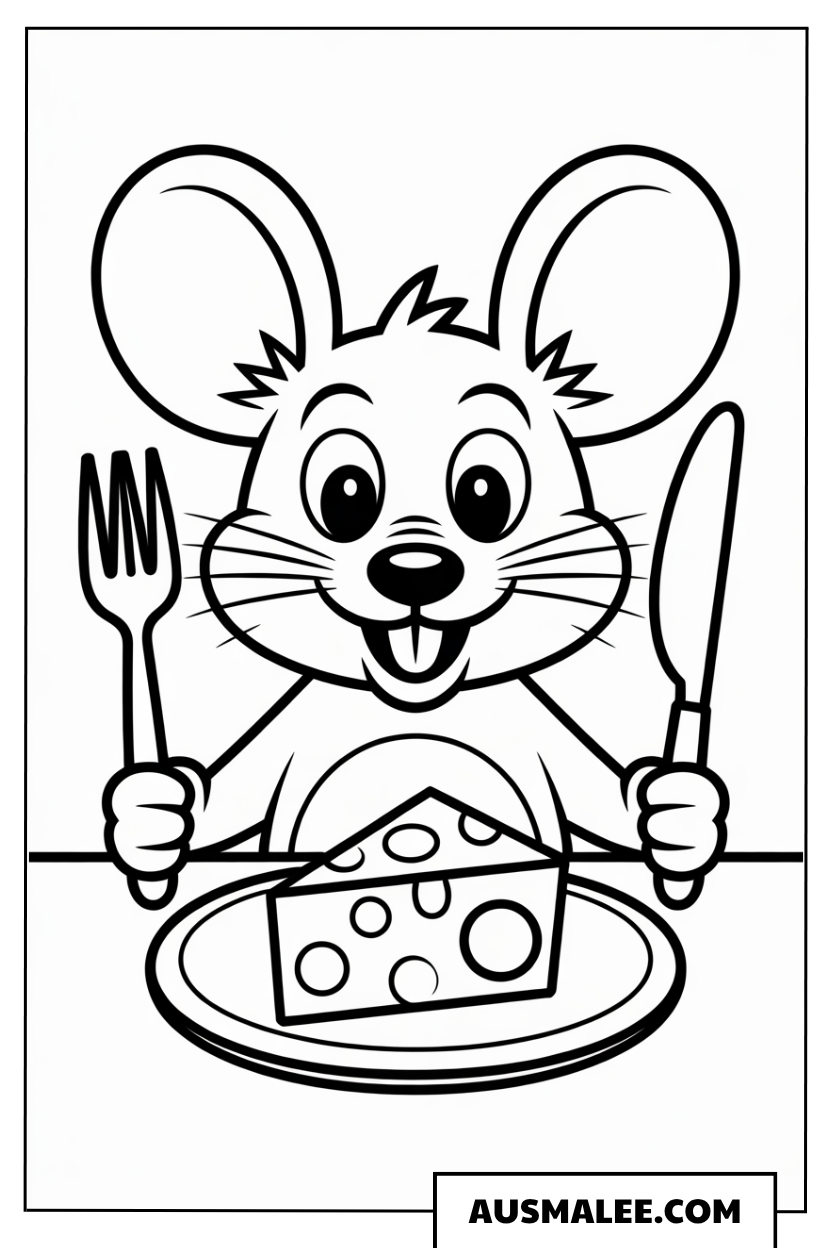 Maus beim Käseessen ausmalbild