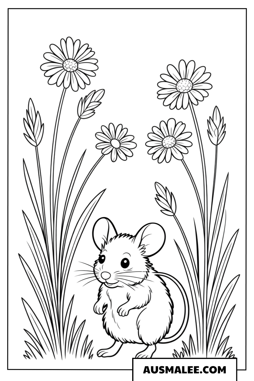 Maus im Gras ausmalbild