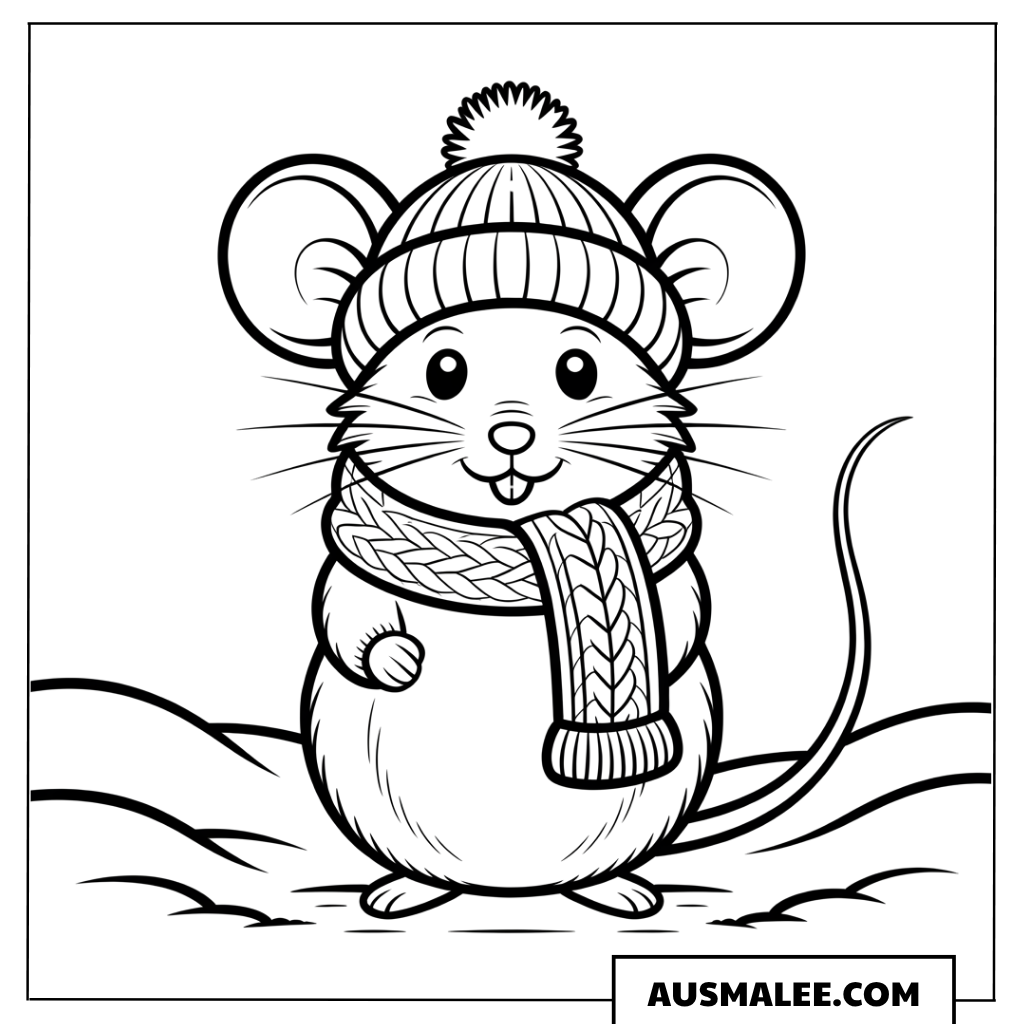 Maus im Winter mit Mütze ausmalbild