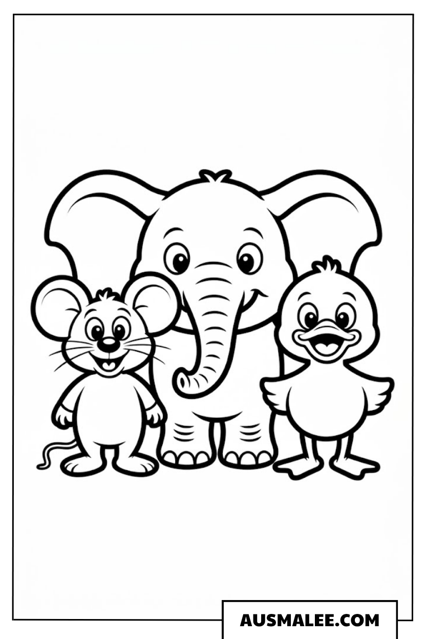Maus mit Elefant und Freunden ausmalbild