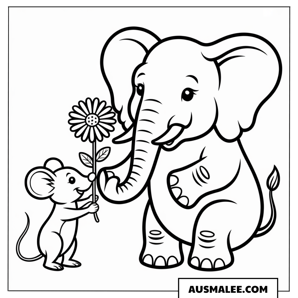 Maus und Elefant mit Blume ausmalbild