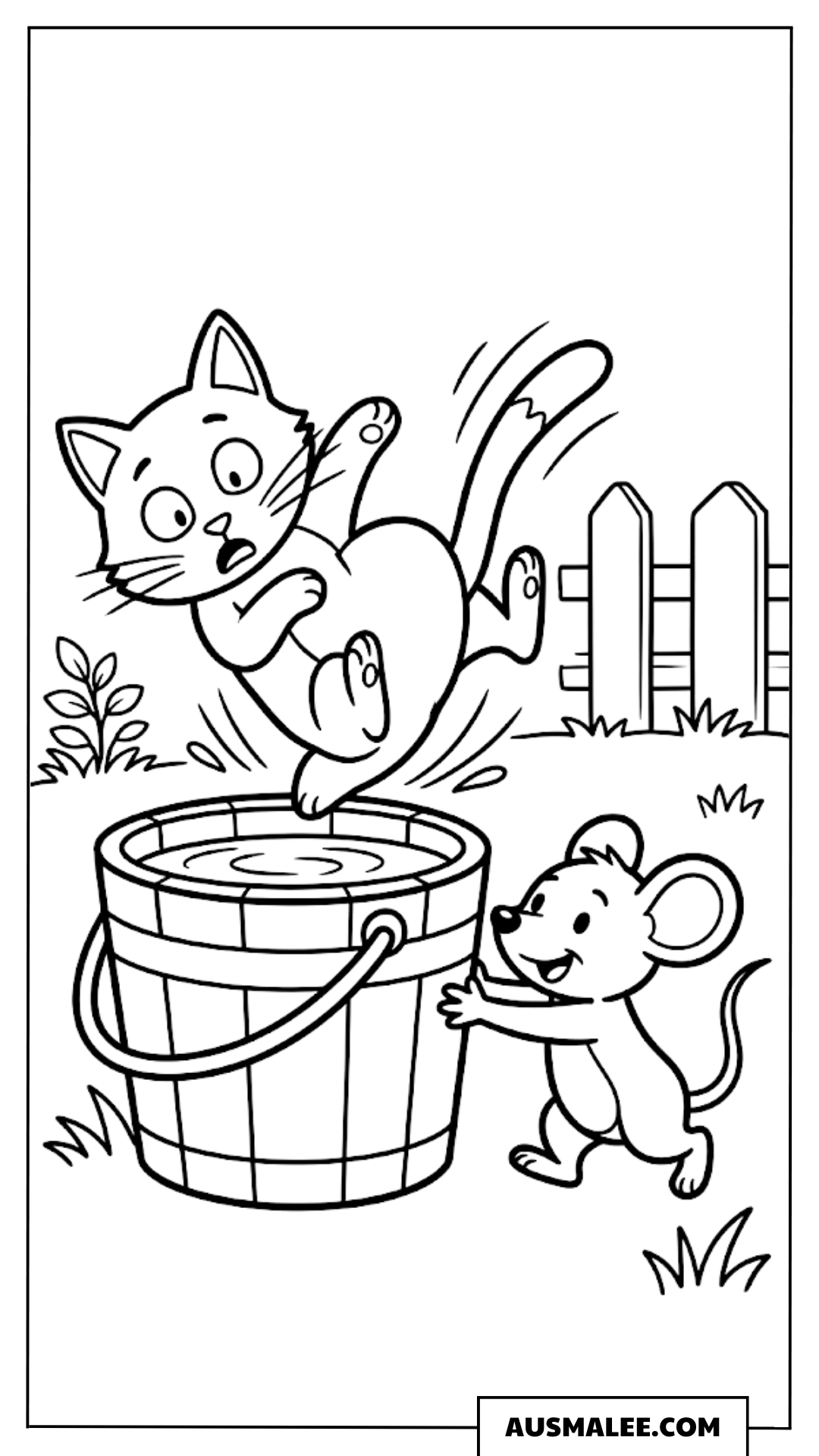 Maus und Katze am Eimer ausmalbild