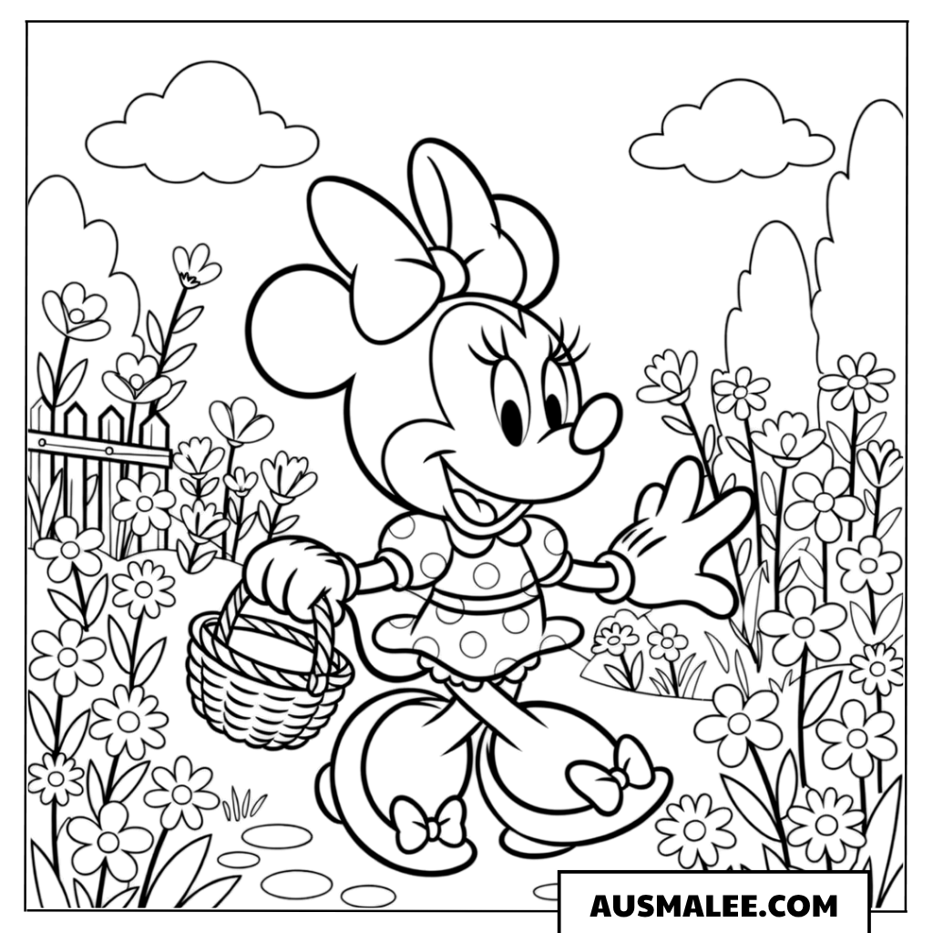 Minnie Maus im Garten mit Korb ausmalbild
