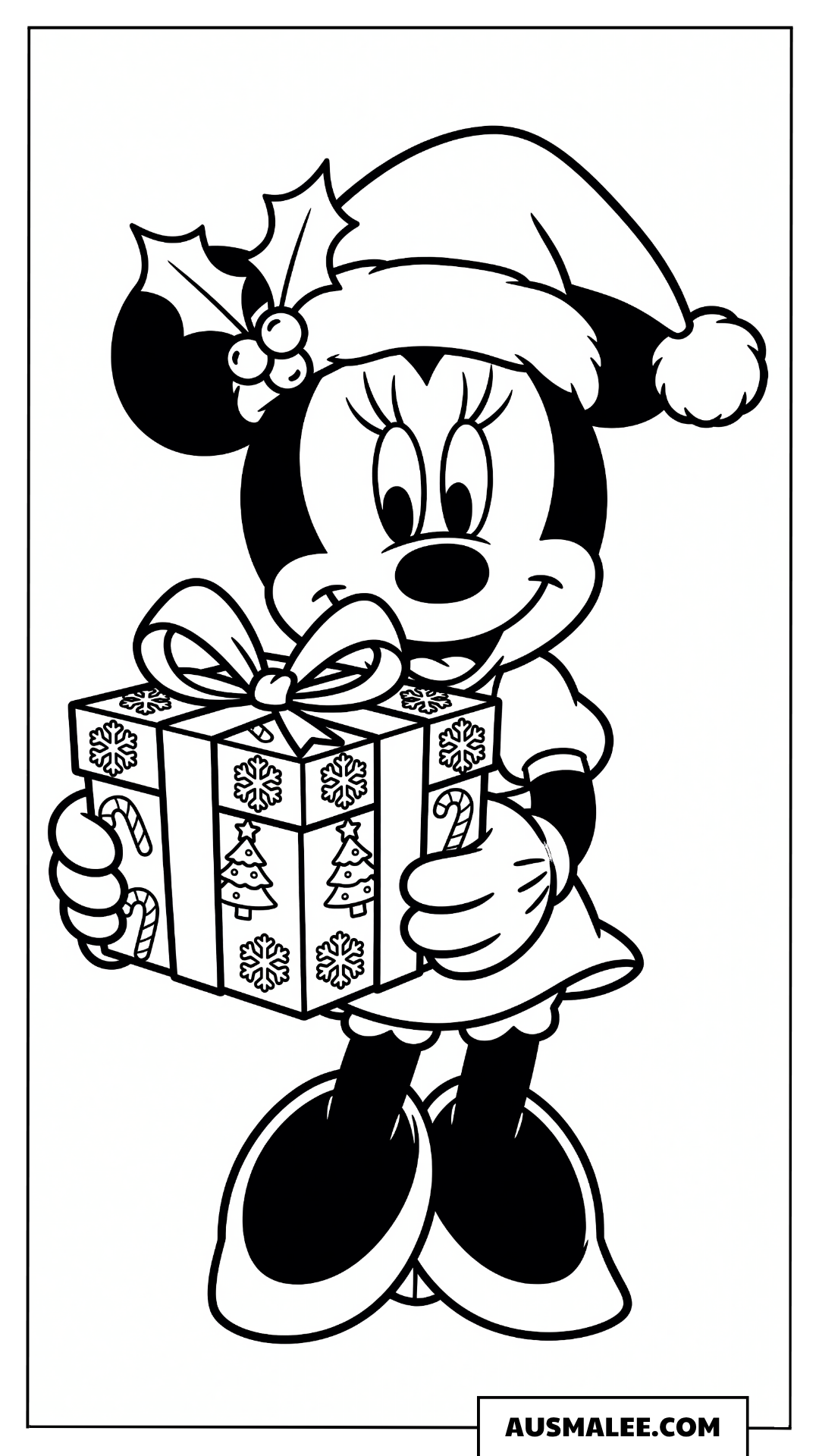 Minnie Maus mit Weihnachtsgeschenk ausmalbild