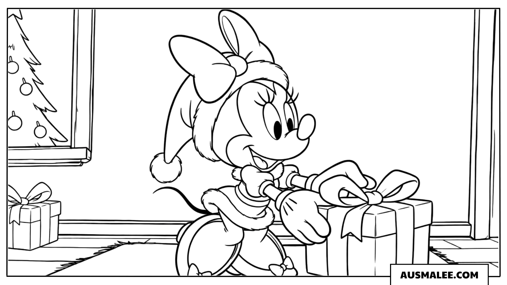 Minnie Maus mit Weihnachtsgeschenken ausmalbild