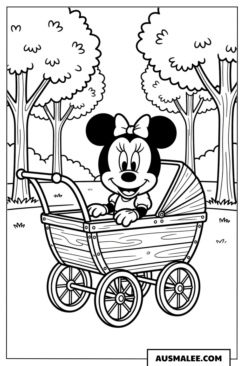 Minnie schiebt den Kinderwagen ausmalbild