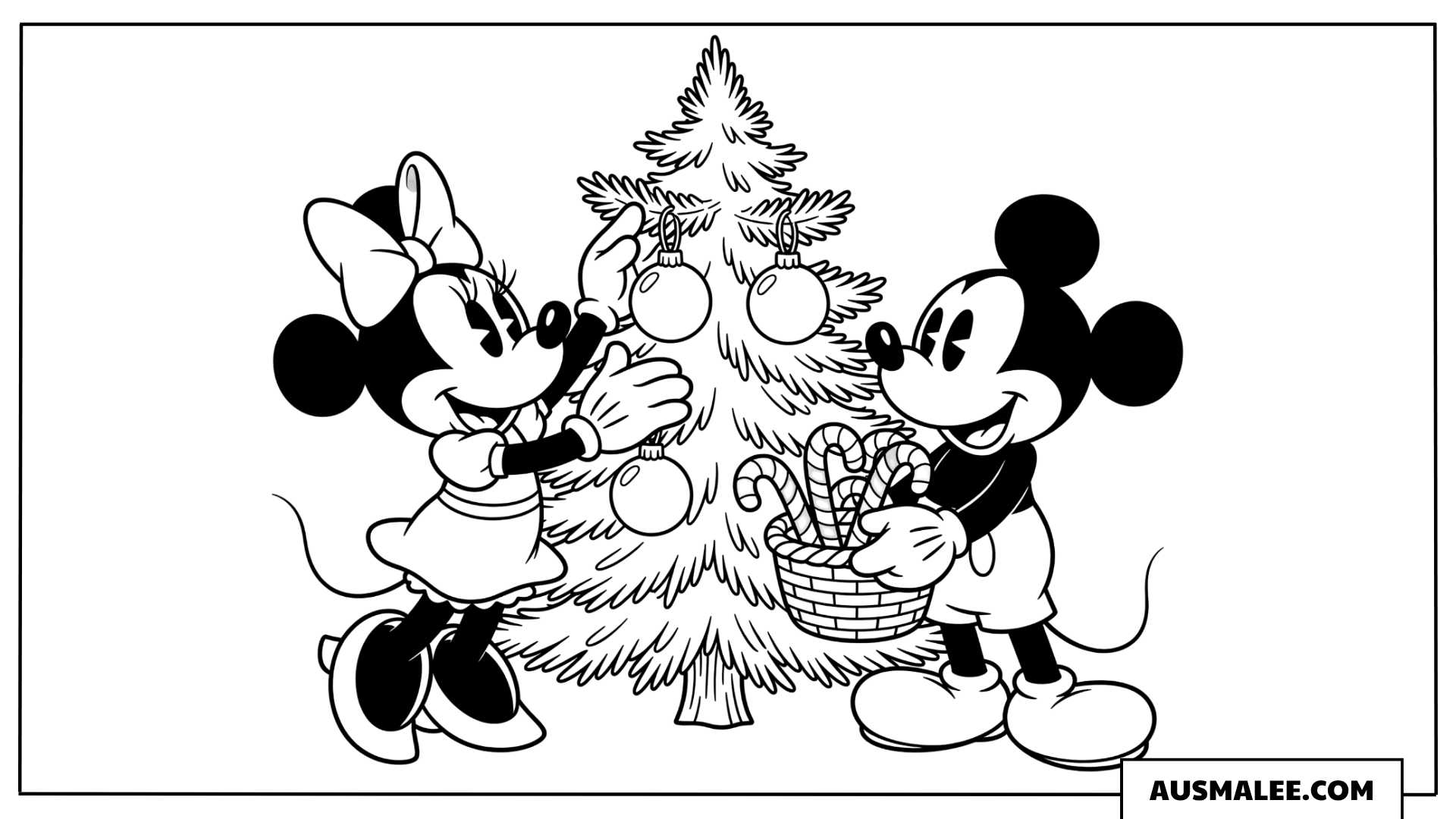 Minnie und Micky am Weihnachtsbaum ausmalbild