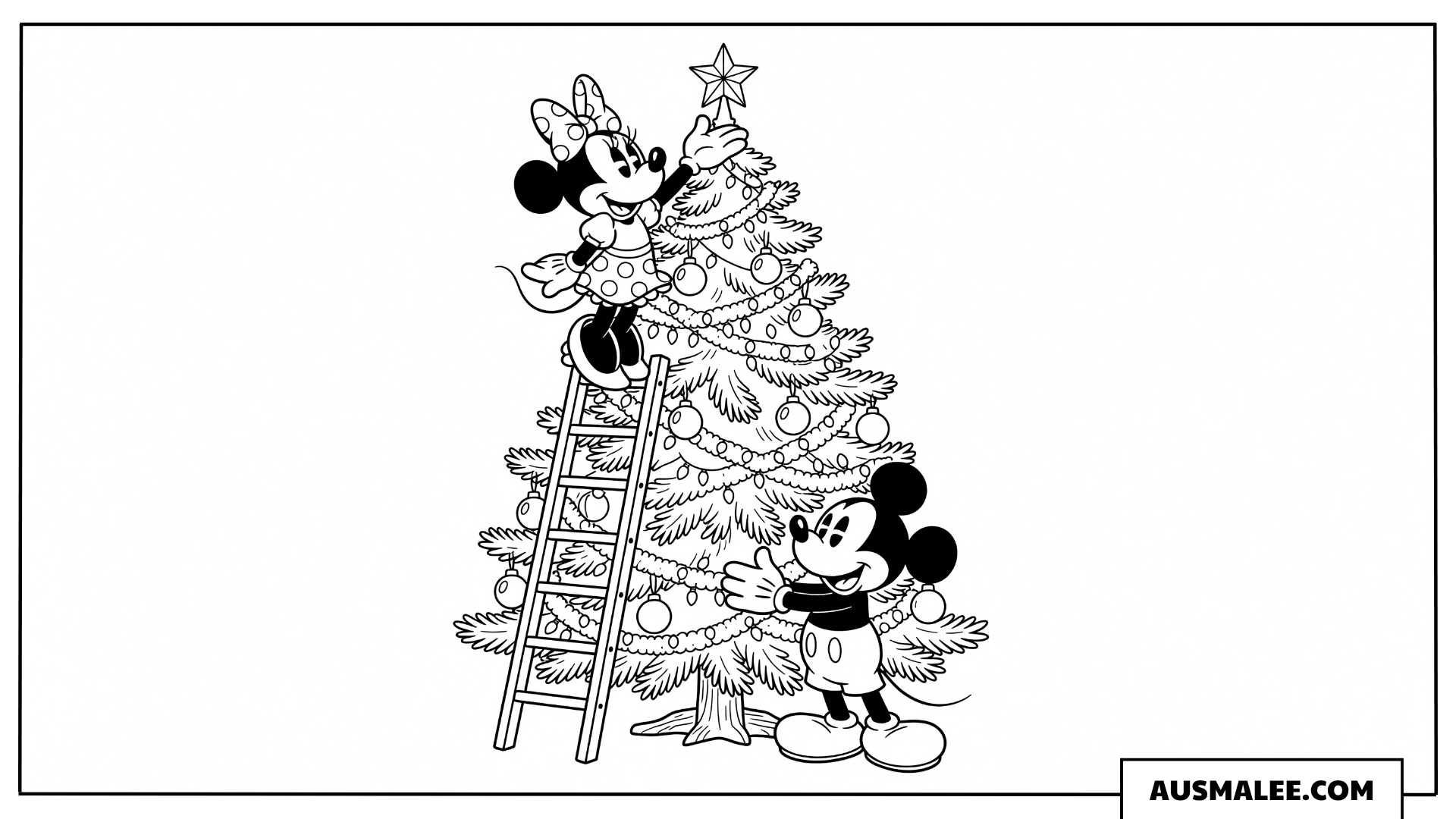 Minnie und Micky schmücken den Weihnachtsbaum ausmalbild