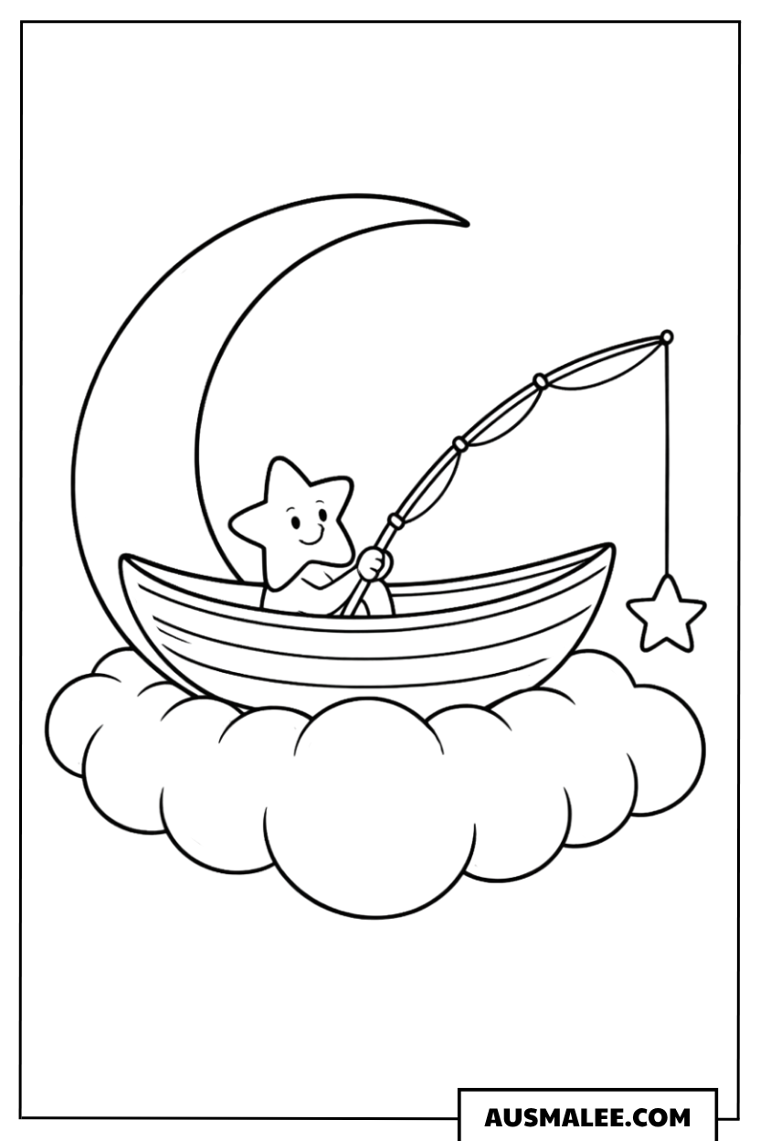 Mond mit Angel und Stern Ausmalbild