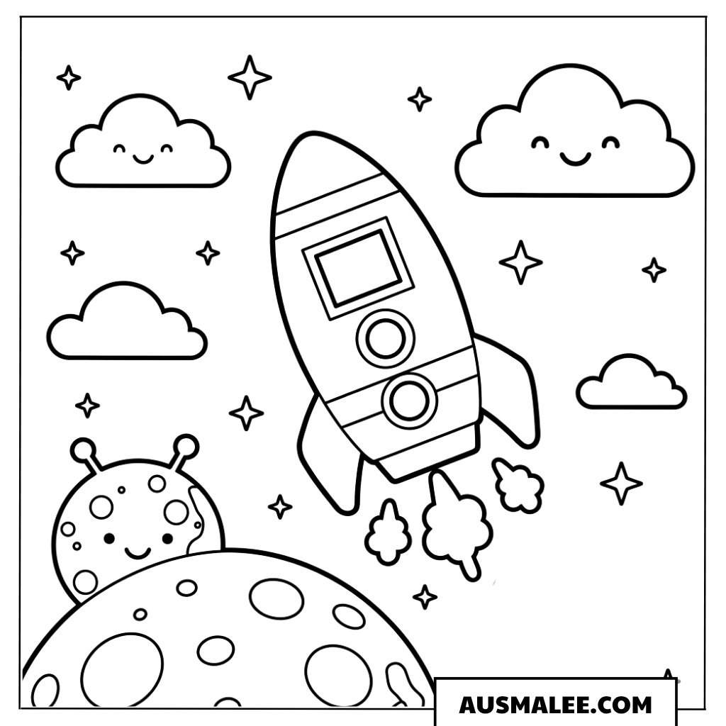 Niedliche Rakete im Weltall Ausmalbild