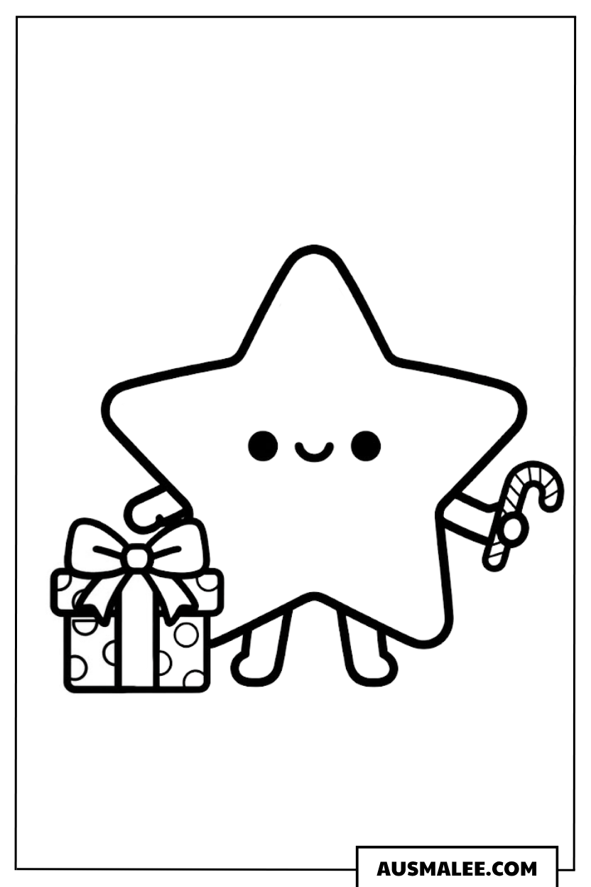 Niedlicher Stern mit Geschenk und Zuckerstange Ausmalbild