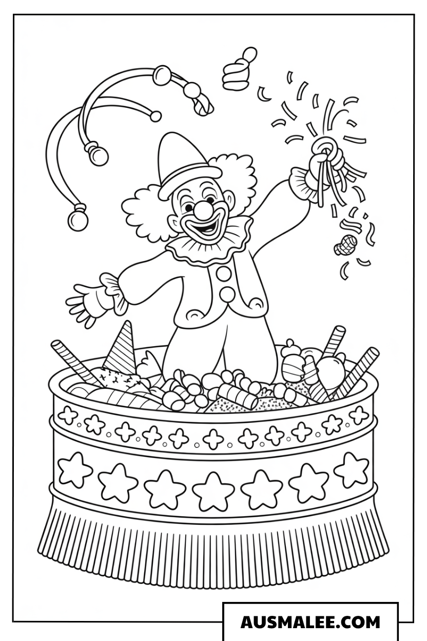 Niedliches Clown-Ausmalbild mit Konfetti-Regen.